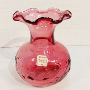 Vtg Cranberry Art Glass Vase Ruffled Edges Heart Swirl Pattern 5.5"
